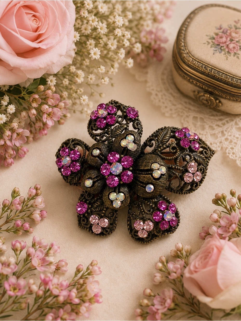 Vintage pink rhinestone Orchid pin brooch